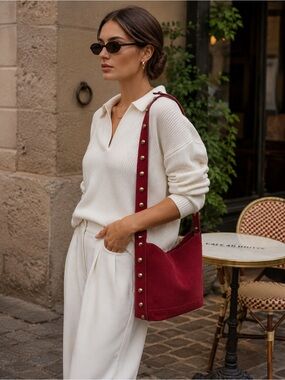 NWT Suede Studded Hobo Shoulder Bag Deep Berry Red Made in Italy